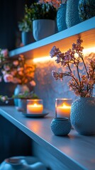 Poster - Delicate flowers in blue vases are elegantly arranged on a shelf, illuminated by the warm glow of candles, creating a serene atmosphere perfect for relaxation
