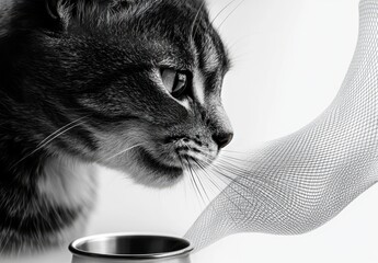 Poster - Curious Cat Observing Fascinating Mesh Texture with Soft Focus Background in Artistic Black and White Photograph for Creative Projects