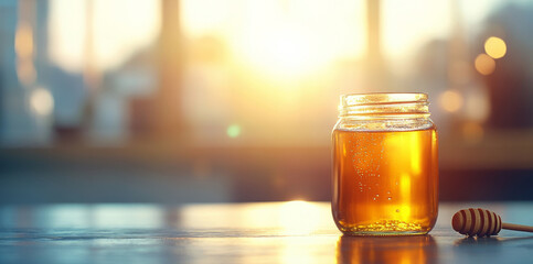 Aufkleber - A jar of organic honey sits on a table, illuminated by warm sunlight during golden hour. The honey glistens, showcasing its rich color and texture, creating a serene and inviting atmosphere.