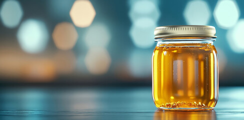 Aufkleber - Sunlight catches the golden hues of organic honey in a glass jar placed on a wooden table. The scene evokes the rich flavors of honey and highlights its beekeeping origins.