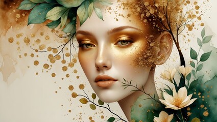 Poster - Beautiful woman adorned with natural elements in an artistic floral composition capturing the essence of nature