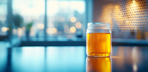 Aufkleber - A jar of organic honey sits on a kitchen counter illuminated by soft evening light. The warm golden color contrasts with the modern decor, highlighting its natural purity and appeal.