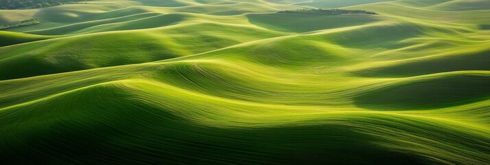 Poster - Soft sunlight bathes the gently rolling green hills, creating a mesmerizing landscape that evokes tranquility and the beauty of nature at sunset