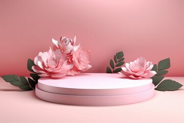 Poster - Elegant Pastel Pink Floral Display on 3D Podium with Paper Flowers and Green Leaves for Creative Background or Product Presentation