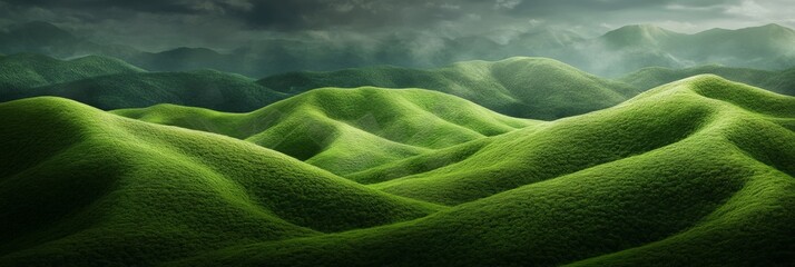 Poster - Sunbeams illuminating rolling green hills, covered in lush vegetation, create a breathtaking landscape beneath a dramatic cloudy sky, showcasing the beauty of nature's serene environment