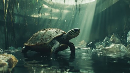 Wall Mural - Turtle navigating polluted swamp, sunlight rays, environmental awareness