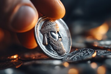 Poster - A close-up of a hand holding an ancient coin with a ruler face engraved