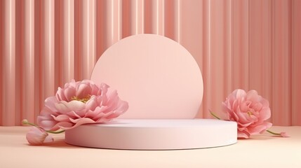Poster - Pastel 3D Podium Display with Pink Flowers for Product Showcase and Elegant Presentation Setup