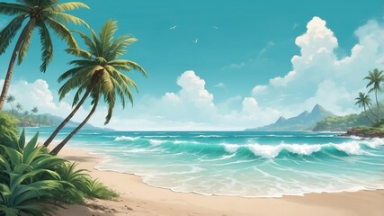 Wall Mural - serene tropical beach with gentle waves and lush palm trees under a blue sky