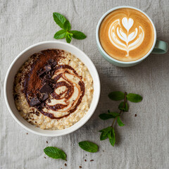 Sticker - Oatmeal with chocolate swirls and chunks, served with a latte and fresh mint leaves