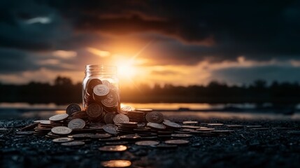 Poster - Investment capital surge sunset reflection on coins in a jar outdoor environment financial focus tranquil setting