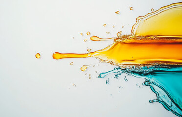 Poster - Bright splashes of honey coexist with vibrant liquid droplets, blending together in an artistic display. This dynamic interaction captures the essence of fluid motion and color contrast.