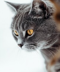 Poster - Graceful Gray Cat with Striking Yellow Eyes Showcasing Intricate Fur Detail in Soft Natural Light Against a Neutral Background