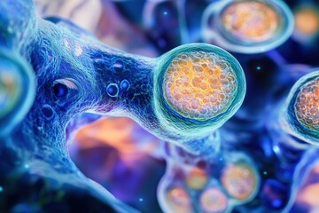 Poster - abstract representation of embryonic cells in a creative and colorful 5d environment featuring brigh