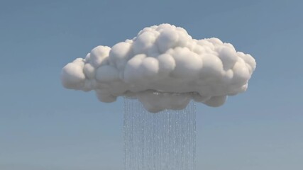Poster - Raindrops cascading from solitary white cumulus cloud against pristine azure sky, creating seamless looping animation depicting atmospheric water cycle with minimalist visual clarity
