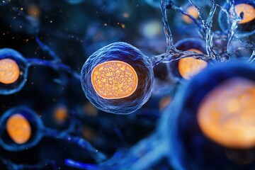 Poster - Captivating Representation of Embryonic Cells Illuminated by Vibrant Light in a Detailed, Abstract Digital Format Ideal for Scientific Visualization