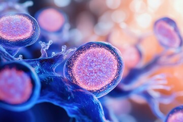 Poster - detailed close-up view of vibrant embryonic cells showcasing intricate structure and glowing highlig