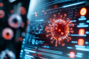 Poster - A digital 3D model of a virus being analyzed on a futuristic computer screen