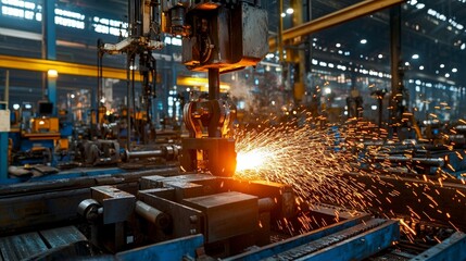 Poster - Dynamic metal manufacturing process industrial facility sparks fly action-packed environment close-up view