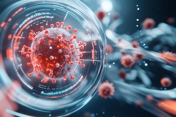 Poster - A digital 3D model of a virus being analyzed on a futuristic computer screen