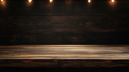 Poster - wooden table in front of abstract blurred background with warm lights and dark textured wall for cre