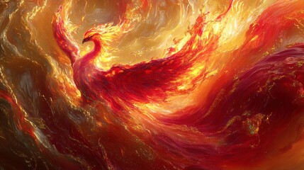 Poster - Majestic phoenix rising from flames in a vibrant display of power and renewal during sunset. Generative AI