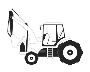 Poster - Excavator side view black and white 2D line object. Cabin, digging arm vehicle and tires. Industrial equipment. Heavy machinery isolated clip art vector outline item. Monochromatic spot illustration