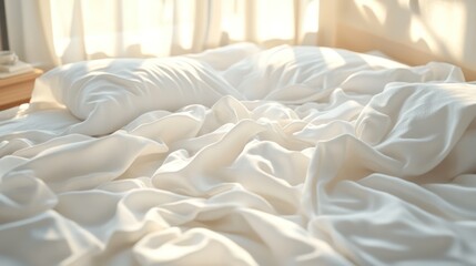 Aufkleber - Soft white sheets crumpled on a sunlit bed in a cozy, inviting room. Generative AI