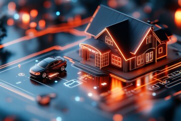 Aufkleber - A futuristic smart home displaying a digital family finance dashboard on a holographic screen