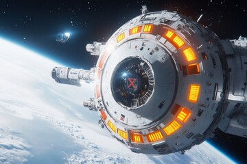 Poster - A futuristic space station orbiting Earth with scientists conducting experiments