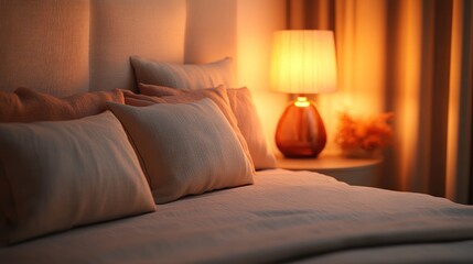 Poster - Cozy bedroom with soft lighting and elegant decor created for relaxation and comfort. Generative AI