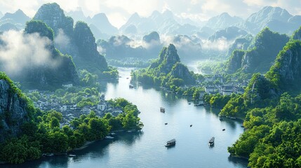 Wall Mural - Misty River Valley, China, Boats, Sunrise, Tourism