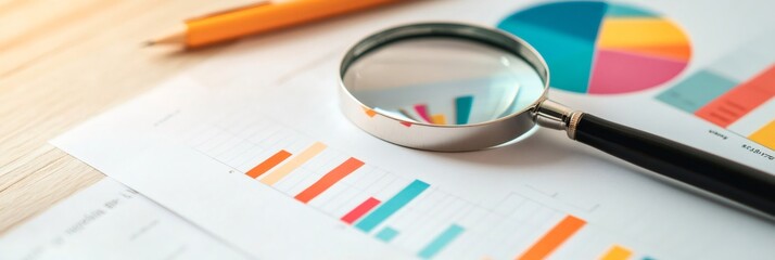 Poster - Magnifying glass is placed on colorful bar and pie charts, suggesting a close examination of business performance data for strategic decision making
