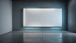 © Monster - Una gran pantalla blanca iluminada o una pantalla en una habitación oscura y minimalista con piso y paredes de concreto. La iluminación crea un efecto cálido