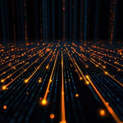 Fototapete - A mesmerizing scene of glowing lines and dots, representing data streams flowing through a dark, digital landscape.