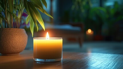 Poster - Soft candlelight enhances the calming atmosphere of a cozy room with plants in the background. Generative AI