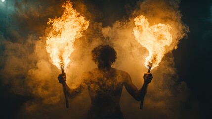 Poster - Fire performer ignites the night with vibrant flames and dramatic smoke effects in a captivating display. Generative AI