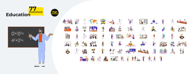Fototapete - education cartoon flat illustrations mega bundle. children students and teachers at school 2d images