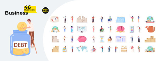 Wall Mural - Business cartoon flat illustrations mega bundle. Goods and freights delivery service company 2D images isolated on white. Shipping organization employees collection vector drawings colorful