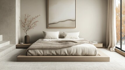 Poster - Modern minimalist bedroom featuring a low platform bed with neutral decor and natural light. Generative AI