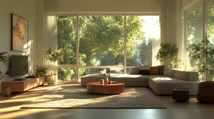 Aufkleber - Bright living room with large windows showcasing greenery in the late afternoon sun. Generative AI