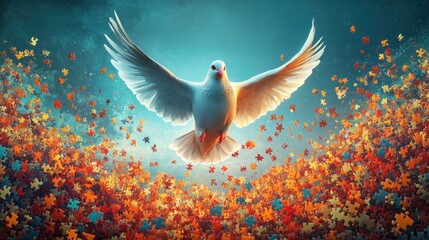 Poster - Dove soaring amidst a vibrant swirl of colorful puzzle pieces in a creative atmosphere. Generative AI