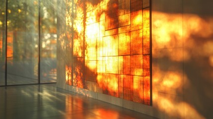Aufkleber - Warm sunlight casts vibrant reflections onto a textured wall in a serene indoor space during the day. Generative AI