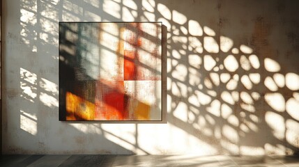 Aufkleber - Modern art piece displayed in a gallery with shadows from a lattice pattern in afternoon light. Generative AI
