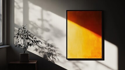 Aufkleber - Elegant wall with vibrant artwork and plant casting shadow in a cozy room during late afternoon. Generative AI