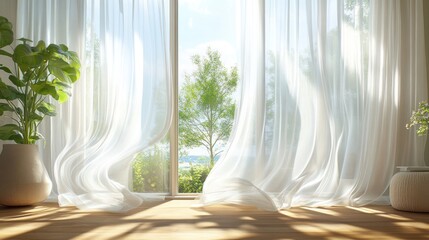 Poster - Light white curtains flutter softly in a sunlit room with greenery visible outside. Generative AI