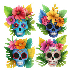 Wall Mural - Colorful Sugar Skulls with Flowers and Leaves for Celebrations