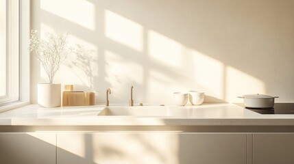 Aufkleber - Light-filled modern kitchen with minimalist decor and soft shadows during afternoon sunshine. Generative AI