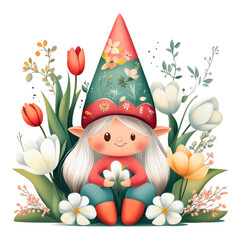 Wall Mural - Cheerful Garden Gnome Surrounded by Colorful Spring Flowers