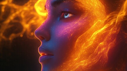 Aufkleber - Captivating digital artwork of a woman with fiery hair and expressive eyes in a vibrant setting. Generative AI